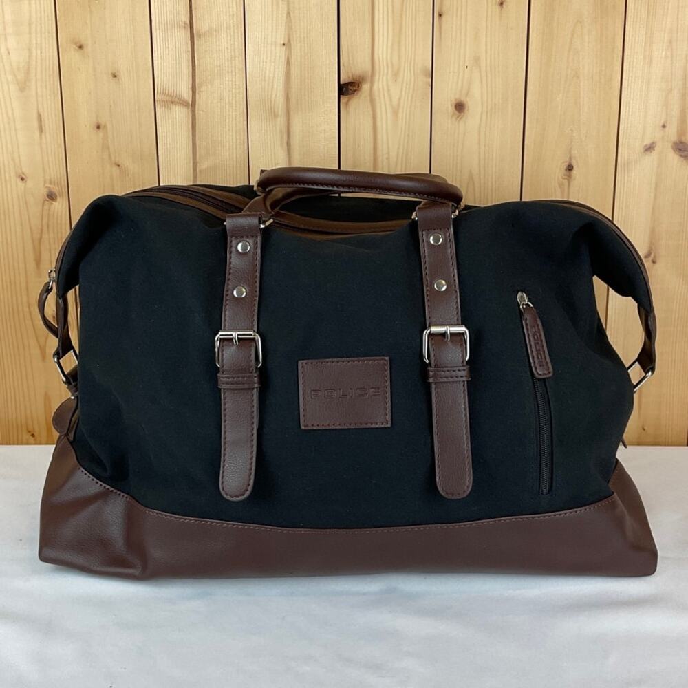 Police Canvas Duffel - Black and Brown, about 19 x 8 x 15 inches